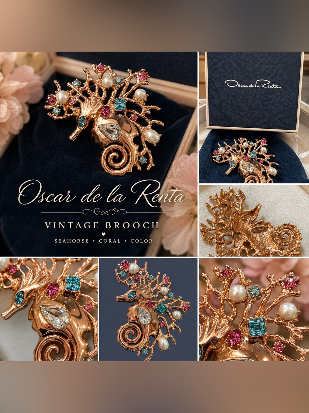 Vintage Oscar de la Renta Gold Seahorse Brooch with Pink, Blue and Pearl Accents